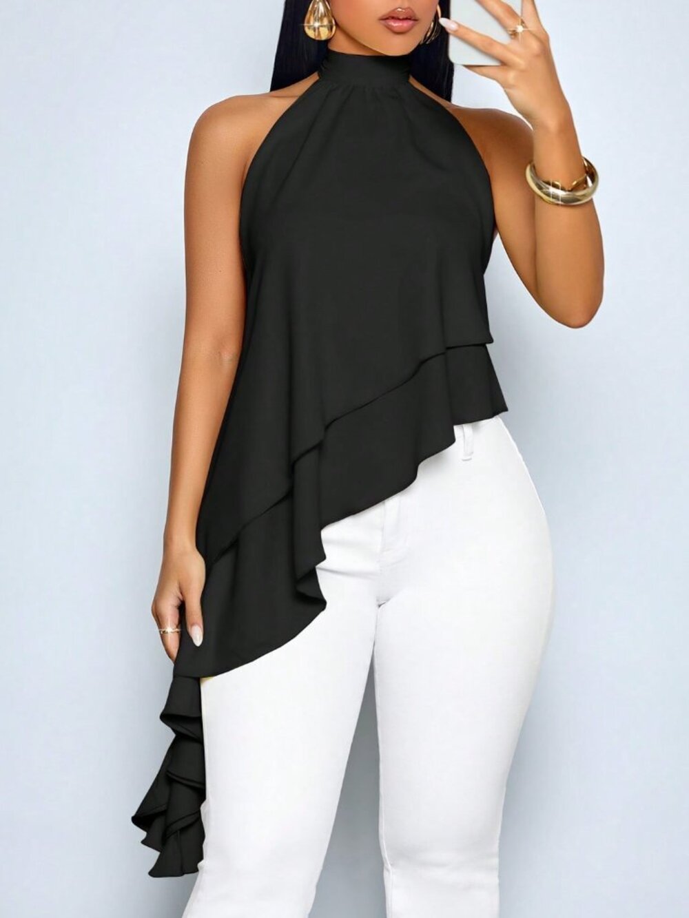 Black Casual Women's Asymmetric Flowing Halter Neck Ruffle Hem Blouse